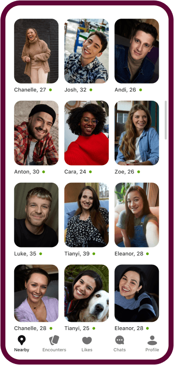 L'app di Badoo mostra una griglia contenente i profili di varie donne.
